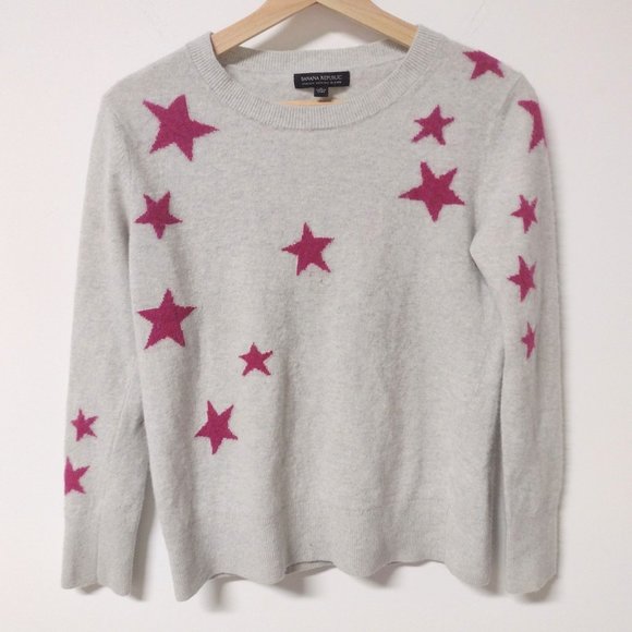 Banana Republic Sweaters - Banana Republic BR Merino Wool Sweater S Pink Gray Star Print Crew Neck Pullover